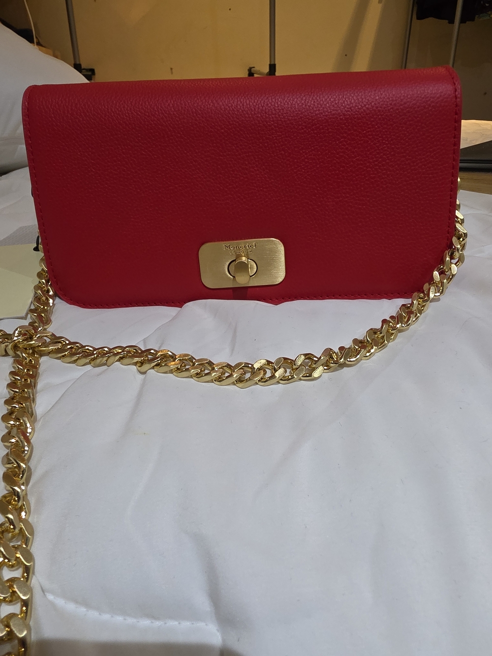 Red Leather Crossbody with Gold Chain and Turn-Lock